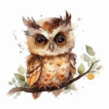 Cute cartoon owl baby watercolor. kawaii. digital art. concept art. isolated on a white background. Beautiful cute baby animals on a white background for nursery poster decoration. Design for a child