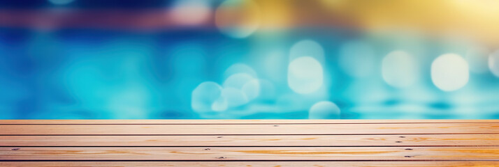 Empty wood plank table top with blur blue ocean and bokeh light. Mock up for display or montage of product. Banner or header for advertise on social media. Summer background