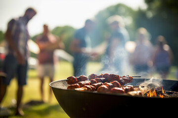 BBQ food party summer grilling meat in the afternoon of weekend happy party. - obrazy, fototapety, plakaty