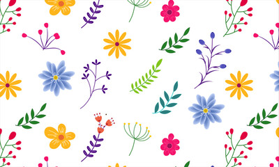  Cartoon spring flowers, leaves, and berries seamless border pattern. Isolated on white background. Colorful garden flowers in a row,floral pattern seamless background