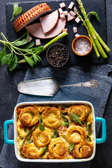 asparagus ham strata with sponge cake circles