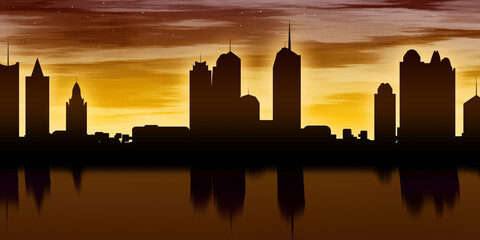 Digital illustration of a panoramic view of  the city with silhouettes of the buildings reflected in the water and sky with stars