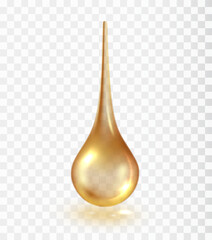 Drop of transparent golden cosmetic liquid. Oil yellow shapes isolated on transparent background. Cosmetic spa droplet.