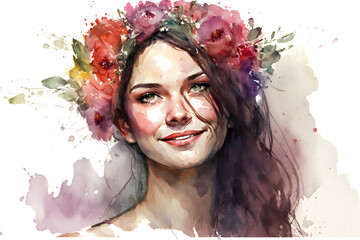 Colorful watercolor illustration of a girl with flowers on her head. Generative Ai
