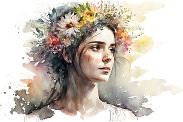 Colorful watercolor illustration of a girl with flowers on her head. Generative Ai
