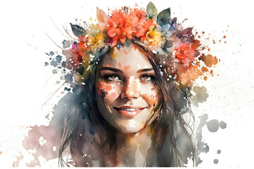 Cute illustration of a woman with a bouquet of flowers on her head. Generative Ai
