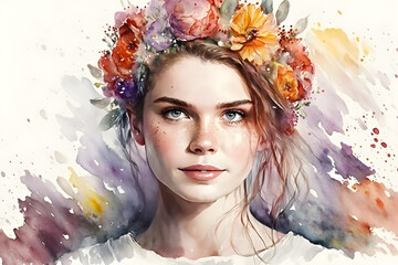 Colorful watercolor illustration of a girl with flowers on her head. Generative Ai
