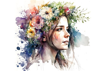 Cute woman with a bouquet of flowers on her head watercolor. Generative Ai
