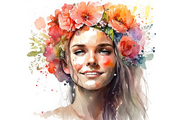 Watercolor illustration of a beautiful girl with flowers on her head. Generative Ai
