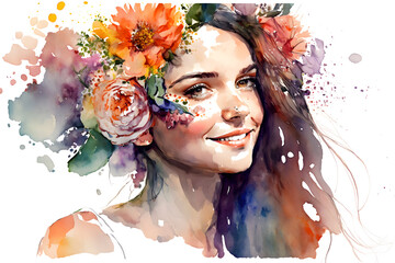Watercolor illustration of a beautiful girl with flowers on her head. Generative Ai
