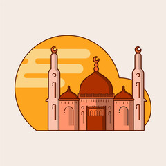 maroon color cartoon style mosque illustration