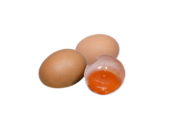Chicken egg broken in half, follows yolk and protein on a png
