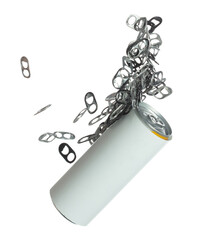 Can Caps fly in mid air, aluminium canned cap falling scatter, recycle from trash can cap explosion float. White background isolated freeze motion high speed shutter