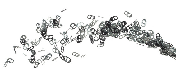 Can Caps fly in mid air, aluminium canned cap falling scatter, recycle from trash can cap explosion float. White background isolated freeze motion high speed shutter