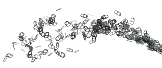 Can Caps fly in mid air, aluminium canned cap falling scatter, recycle from trash can cap explosion float. White background isolated freeze motion high speed shutter