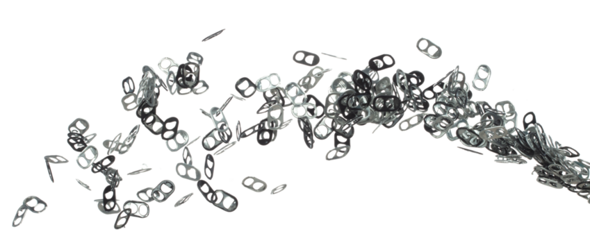 Can Caps fly in mid air, aluminium canned cap falling scatter, recycle from trash can cap explosion float. White background isolated freeze motion high speed shutter