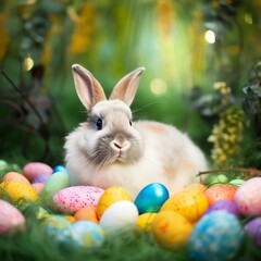 Fototapeta na wymiar The Easter bunny with colorful eggs (generative AI, generative, AI)