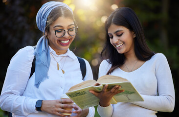 Books, reading or happy students in park on campus for learning, education or future goals together. Women smile, Muslim or friends studying with school info meeting to research fun college knowledge