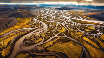 Fotobehang Drone view on braided river of Markarfljot in Iceland. Generative AI © piai