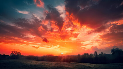 Fototapeta premium Beautiful sunset sky. Nature sky backgrounds. - Generative Ai - Landscape, Horizon, Clouds, Colors, Orange, Red, Yellow, Pink, Purple, Blue, Golden hour. 