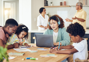 Fototapeta premium Work from home family, learning support and children writing, drawing or house education with parents working on laptop. Biracial mom, remote job and dad teaching kids for language development help