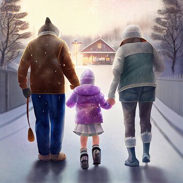 Grandma and grandpa teach the kid to skate, a view from the back, created with generative ai