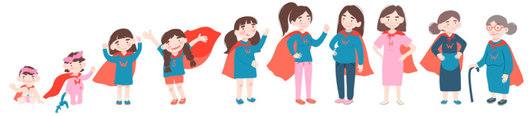 Collection of cute cartoon characters, girls, young ladies, women and old ladies, vector illustration. Kids stile, super heroes. Girl power