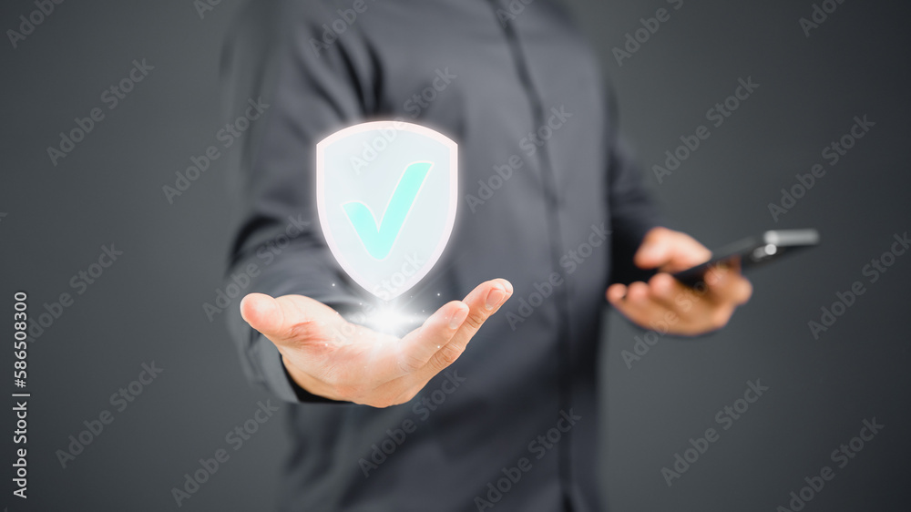 Aufkleber Man showing the shield protect icon. Protection personal data and network security computer concept. Cyber security and protection against danger. The best quality assurance product and service.
