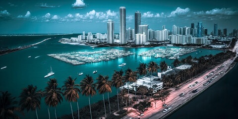 Miami city skyline at night - Generative AI