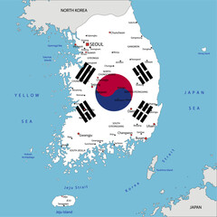 South Korea highly detailed political map with national flag isolated on white background.