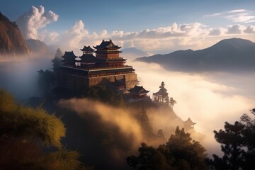 Fototapeta premium A Great Chinese Palace Above Clouds - Illustration