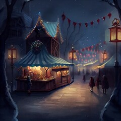 Christmas market, all in garlands, carousels, it's dark and the lanterns are shining, Christmas magic night, created with generative ai
