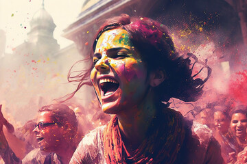 Holi Festival Of Colors Featuring Happy People in an Explosion of Colorful powder Paint and the Joy of Celebration Hindu