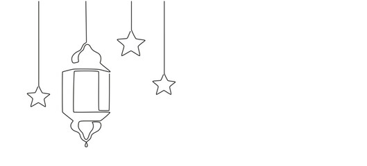Ramadan kareem in one continuous line drawing. Islamic decoration with lanter and star in simple linear style. Arabic religious holiday celebration. Editable stroke. Doodle vector illustration