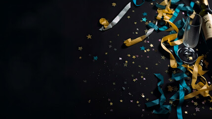 Confetti stars and party streamers with champagne, lay flat with copy space - Generative Ai - Confetti, Stars, Party, Streamers, Champagne, Celebration, Festive, Holiday, Occasion, Event, Ceremony, An