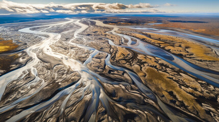Drone view on braided river of Markarfljot in Iceland. Generative AI