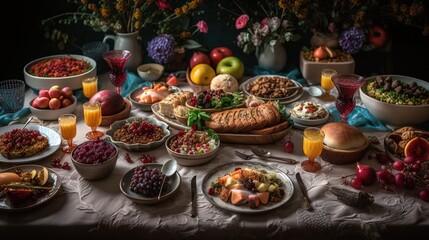 Obraz na płótnie Canvas a memorable Passover feast in 8K, featuring delectable kosher food and lively conversations. This photorealistic portrait captures the holiday's warmth and joy with professional color grading