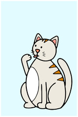 Doodle stick out tongue Cat. Hand-drawn pet on blue background. Color striped animal licks paw. Cute character, mascot. Line kawaii kitten sits and washes. Aimalistic card. Vector funny illustration