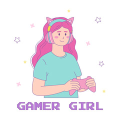 Cute gamer girl with gamepad wearing headphones cat. Vector kawaii illustration