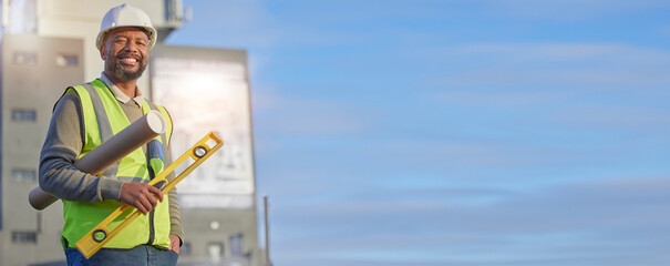 Black man, architect and construction worker with blueprint and infrastructure renovation, building industry and outdoor. Mockup, blueprint and helmet for safety, happy male contractor and project