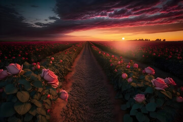 Sunset Over the Field of Roses generative ai