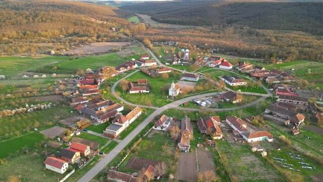 Charlottenburg, Romania - Round village Banat region western Transylvania, Romania. Aerial footage.