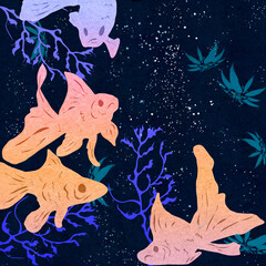 Ilustracja  pływające ryby welony pastelowe kolory, ciemne tło.	