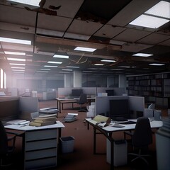 Empty office due to pandemic, computer game style, wide angle lens, created with generative ai