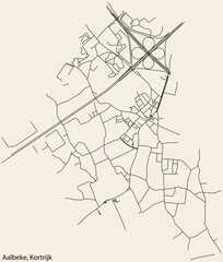 Detailed hand-drawn navigational urban street roads map of the AALBEKE MUNICIPALITY of the Belgian city of KORTRIJK, Belgium with vivid road lines and name tag on solid background