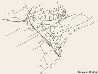 Detailed hand-drawn navigational urban street roads map of the BISSEGEM MUNICIPALITY of the Belgian city of KORTRIJK, Belgium with vivid road lines and name tag on solid background