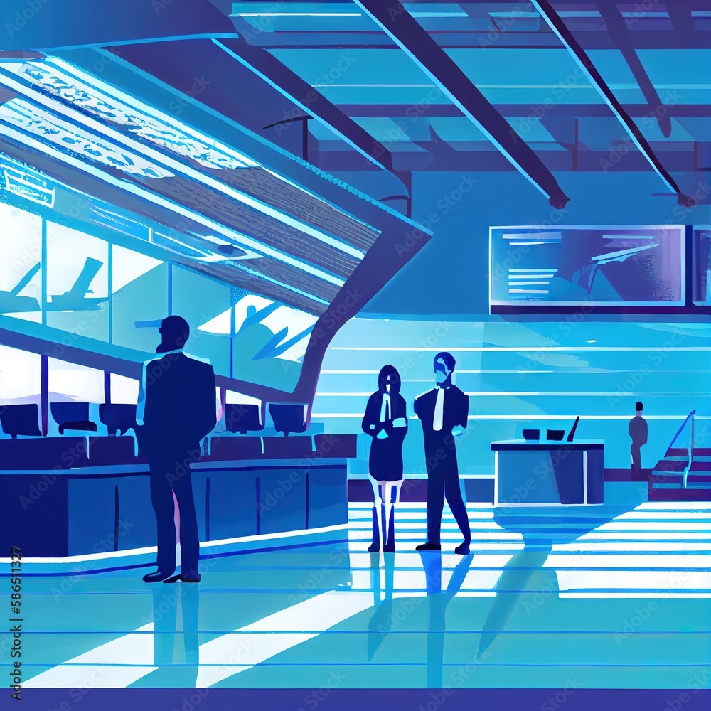 Wall mural Passengers are standing at the airport check-in desk of the business hall, all in business suits, strict business look, illustration with blue shades, created with generative ai