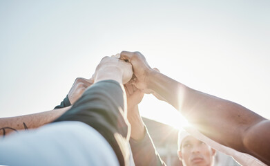 Hands up, motivation or sports men in huddle with support, hope or faith on baseball field in game together. Teamwork, fist or group of young softball athletes with goals, mission or solidarity - obrazy, fototapety, plakaty