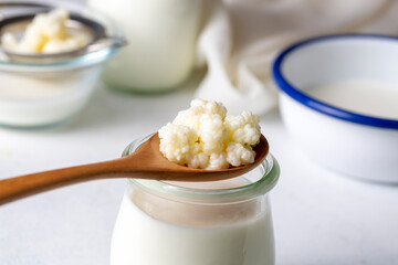 Kefir fermented milk drink with kefir grains. Homemade kefir stands in a glass, next to kefir grains and milk