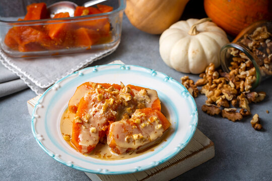 Traditional delicious Turkish cuisine; Pumpkin dessert or jam (Turkish name; Kirecte kabak receli or kabak tatlisi)